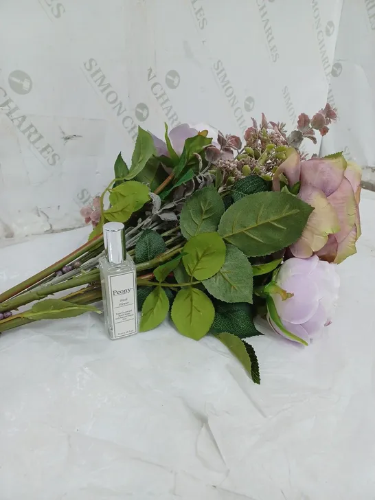 BOXED FAUX FLOWER ARRANGEMENT. COMES WITH A GLASS VASE AND PEONY FLOWER/ROOM SCENT