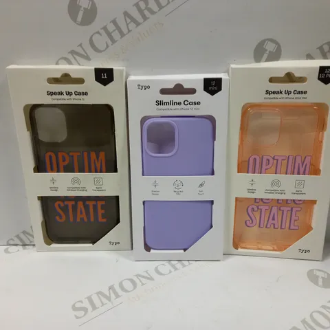 BOX OF APPROXIMATELY 54 TYPO PHONES CASES ('SLIMLINE CASE' & 'SPEAK UP CASE') FOR IPHONE 11, 12 MINI, 12/12PRO IN VARYING COLOURS