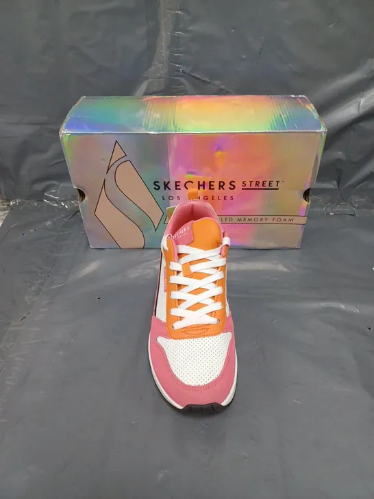 BOXED PAIR OF SKETCHERS STREET 2 MUCH FUN PINK/WHITE/ORANGE SIZE 5 1/2