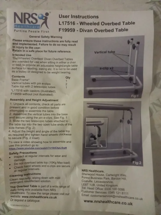 NRS HEALTHCARE OVERHEAD TABLE 