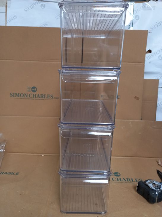 SET OF 4 CLEAR PLASTIC STACKABLE STORAGE BOXES WITH REMOVABLE LIDS