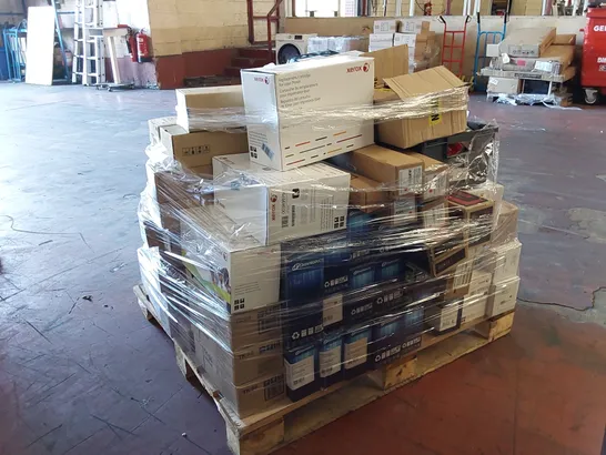 PALLET OF APPROXIMATELY 70X BOXES OF BRAND NEW ASSORTED PRINTER CARTRIDGES FROM BRANDS INCLUDING; HP, XEROX, PANASONIC, CANON, KATUN, DATAPRODUCTS ECT AND 11 ROLLS OF PREMIUM PRINTER WAX