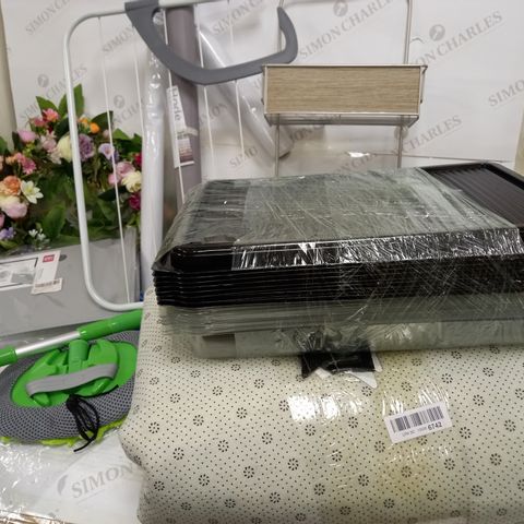 BOX OF ASSORTED ITEMS TO INCLUDE SHOWER CADDY, RUG, EXPANDABLE FILE, RADIATOR DRYING RACK, PACK OF PLASTIC TRAYS, CONTACT PAPER, PRIVACY WINDOW FILM, ETC