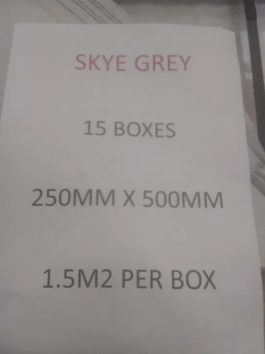 PALLET OF APPROXIMATELY 15 BOXES DEFINITIVE SKYE GREY PREMIUM CERAMIC WALL TILES 250MM X 500MM TOTAL COVERAGE PER BOX OF APPROXIMATELY 1.5MSQ