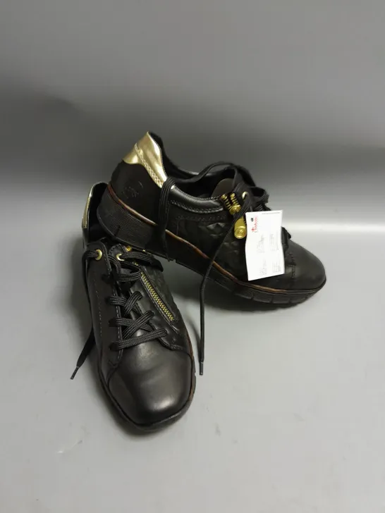 BOXED RIEKER ANTISTRESS BLACK TRAINERS WITH GOLD TRIM SIZE EUR 39