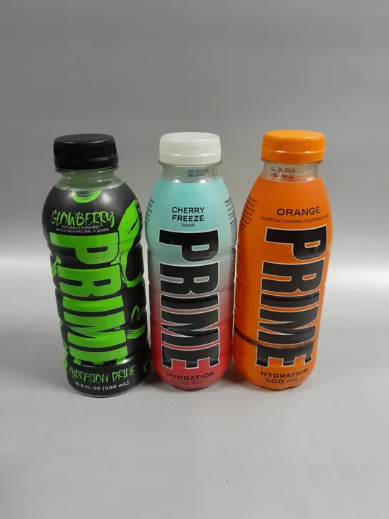 14 X ASSORTED PRIME HYDRATION DRINKS IN ASSORTED FLAVOURS TO INCLUDE GLOWBERRY, CHERRY FREEZE & ORANGE 