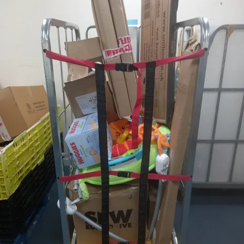 CAGE OF ASSORTED HOUSEHOLD ITEMS TO INCLUDE STIHL TS410, ARTHOUSE WALL PAPER ROLLS, HUGGIES PURE PLASTIC WIPES, FISHERPRICE BABY ACTIVITY STATION, AND VARIED PHOTOFRAMES ETC. 