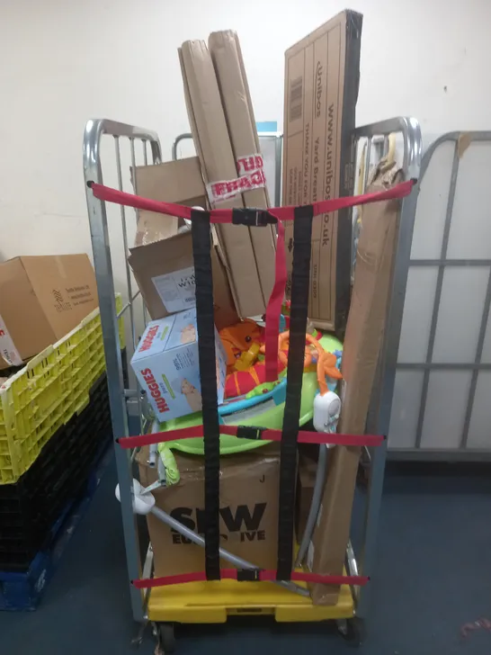 CAGE OF ASSORTED HOUSEHOLD ITEMS TO INCLUDE STIHL TS410, ARTHOUSE WALL PAPER ROLLS, HUGGIES PURE PLASTIC WIPES, FISHERPRICE BABY ACTIVITY STATION, AND VARIED PHOTOFRAMES ETC. 