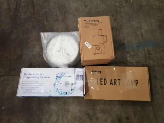 PALLET OF ASSORTED PRODUCTS INCLUDING LED ART LAMP, MULTIFUNCTIONAL FOOD PROCESSOR, WALL CLOCK, BOTTLED WATER DISPENSING SYSTEM 