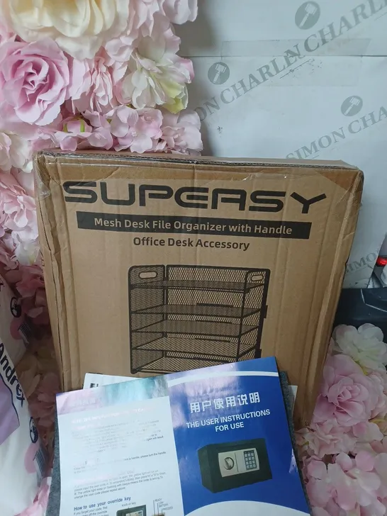 LOT CONTAINING VARIOUS ITEMS TO INCLUDE, 5X 9 ROLLS ANDREX PACKS, FLOWER BACKDROP, DESK FILE ORGANISER, COMBINATION SAFE.