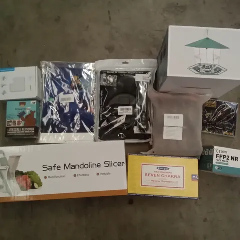 PALLET OF ASSORTED ITEMS INCLUDING SAFE MANDOLINE SLICER, BIRD FEEDER BROWN BEAR LIMESCALE REMOVER, NOTEBOOK AC ADAPTER, SEVEN CHAKRA INCENSE,  DROP & SHOCK PROOF CASE 