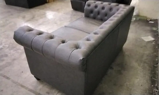 DESIGNER GREY LEATHER CHESTERFIELD STYLE 2 SEATER SOFA