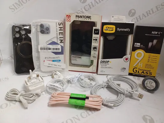 BOX OF APPROX 15 ITEMS INCLUDING ASSORTED PHONE CASES, CHARGING CABLES AND SCREEN PROTECTORS FOR VARIOUS PHONES