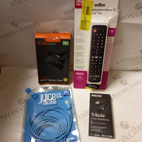 LOT OF APPROX 10 ASSORTED ITEMS TO INCLUDE BLACKWEB HDMI SELECTOR, ONE FOR ALL UNIVERSAL REMOTE, JUICEXXL CABLE