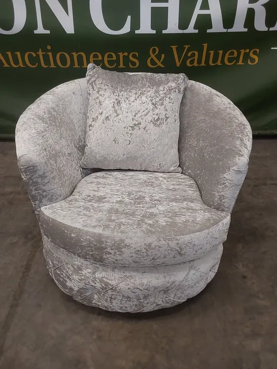 QUALITY DESIGNER CRUSHED VELVET 360° SWIVEL CUDDLE CHAIR - SILVER