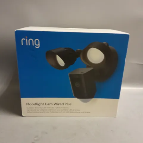 BOXED RING OUTDOOR FLOODLIGHT SECURITY CAM WITH LED LIGHTS AND SIREN WIRED PLUS
