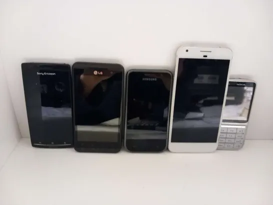 FIVE ASSORTED MOBILE PHONES TO INCLUDE; NOKIA C3-01, GOOGLE G-2PW2100, SAMSUNG I9000, LG 3D STEREOSCOPIC, SONY XPERIA