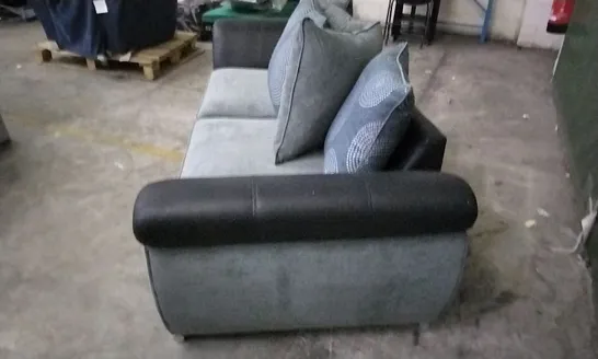 DESIGNER DANUBE GREY FABRIC AND BLACK SUEDE EFFECT THREE SEATER SOFA