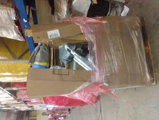 PALLET OF ASSORTED ITEMS TO INCLUDE: HEATED BLANKET, DOUBLE SIZE AIR MATTRESS, TOILET SEAT, COMPUTER DESK, TANK SPRAYER ETC