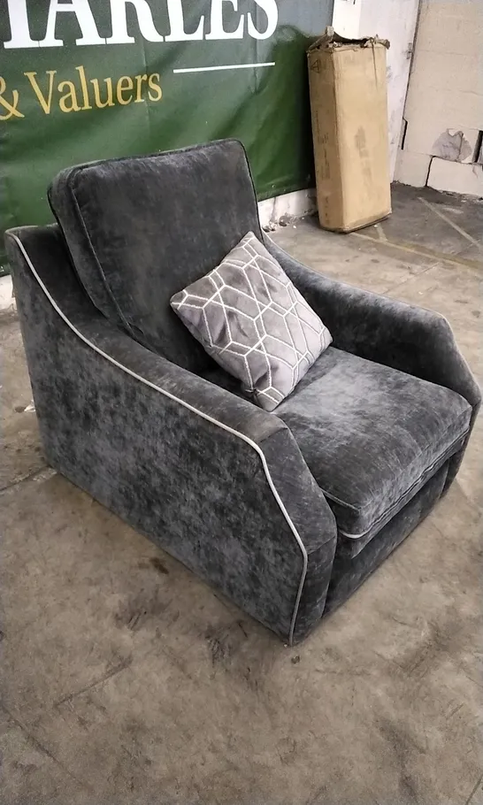 DESIGNER DARK GREY FABRIC ARMCHAIR WITH PATTERNED CUSHION