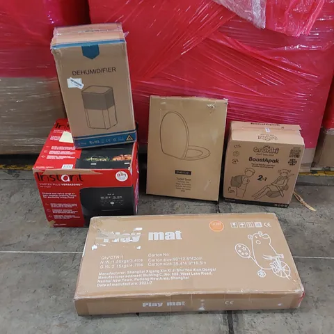 PALLET OF ASSORTED ITEMS INCLUDING: AIR FRYER, DEHUMIDIFIER, BOOSTER SEAT, TOILET SEAT, KID'S PLAY MAT ECT