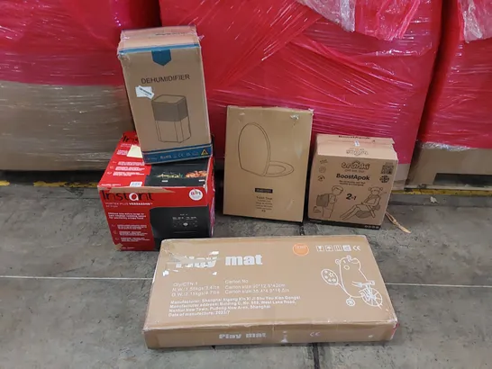 PALLET OF ASSORTED ITEMS INCLUDING: AIR FRYER, DEHUMIDIFIER, BOOSTER SEAT, TOILET SEAT, KID'S PLAY MAT ECT