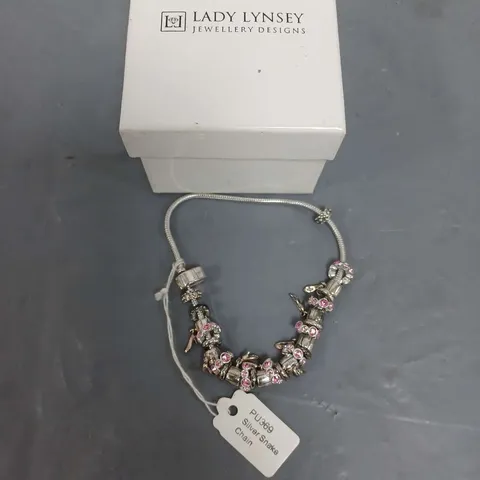 LADY LYNSEY SILVER SNAKE CHAIN WITH PINK CRYSTAL CHARMS