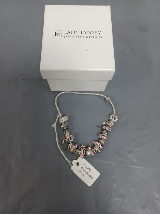 LADY LYNSEY SILVER SNAKE CHAIN WITH PINK CRYSTAL CHARMS