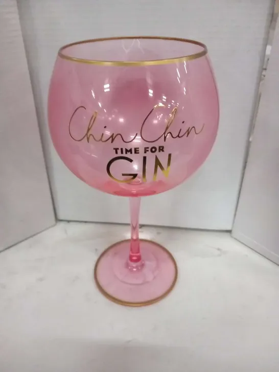 PALLET OF APPROXIMATELY 12 BOXES OF 24  BRAND NEW PINK 'CHIN CHIN TIME FOR GIN' GLASSES(APPROXIMATELY 288 GLASSES IN TOTAL)