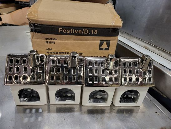 PALLET OF APPROXIMATELY 70 BRAND NEW BOXES OF 4 FESTIVE CERAMIC HOUSE TEALIGHT HOLDERS