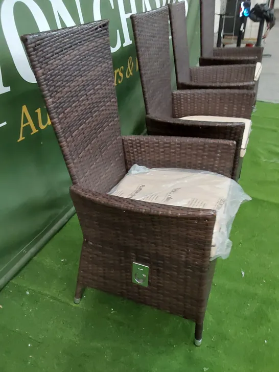 4 X DESIGNER MANUAL RECLINER GARDEN CHAIRS IN CHOCOLATE MIX RATTAN WITH CUSHIONS 