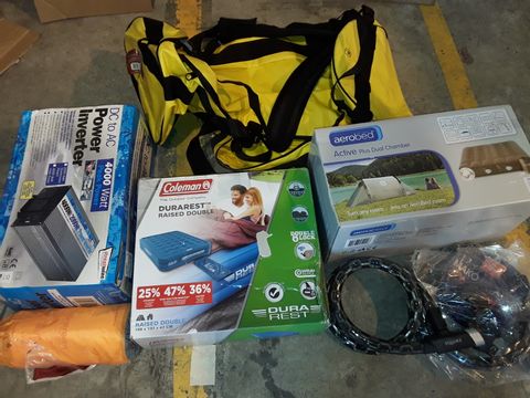 PALLET OF ASSORTED CAMPING AND OUTDOOR ITEMS TO INCLUDE DC TO A.C. CONVERTER, DEAREST DOUBLE AIR BED, SQUIRE LOCKS AND POSED AS DO SIGNATURE BED