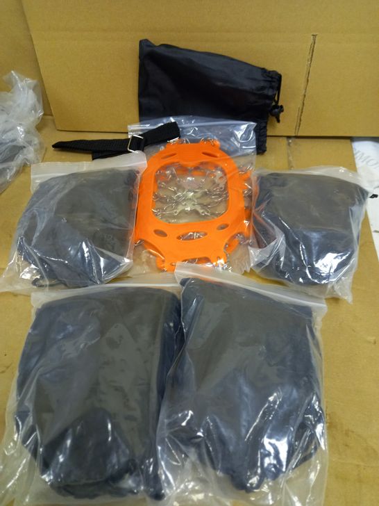 BOX OF 5 X PAIRS OF FLIXIBLE ORANGE (CLIMBING) CRAMPONS, ALL XL AND ALL WITH THEIR OWN INDIVIUAL CARRY CASE
