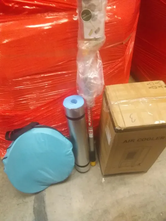 PALLET OF ASSORTED ITEMS INCLUDING AIR COOLERS, TELESCOPIC WASH BRUSH, POP UP TENT 