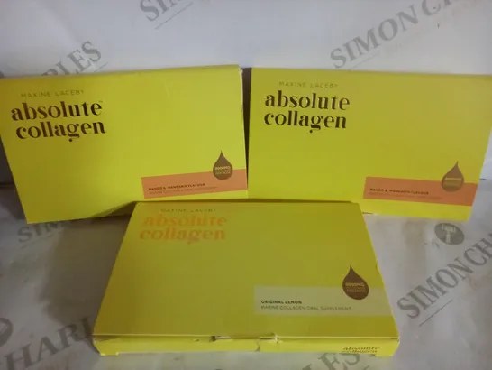 BOX OF 3 MAXINE LACEBY ABSOLUTE COLLAGEN MARINE COLLAGEN ORAL SUPPLEMENTS - 2 X MANGO/MANDERIN & 1 X ORIGINAL LEMON 