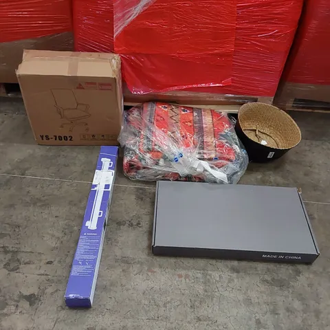 PALLET OF ASSORTED ITEMS INCLUDING: OFFICE CHAIR, SHOWER MIXER, RUG, RETRACTABLE SAFETY GATE, WICKER BASKET 