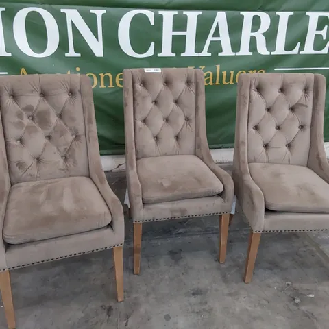 SET OF THREE DESIGNER UPHOLSTERED BUTTONED BACK DINING CHAIRS NATURAL WOOD LEGS, FAWN PLUSH FABRIC 