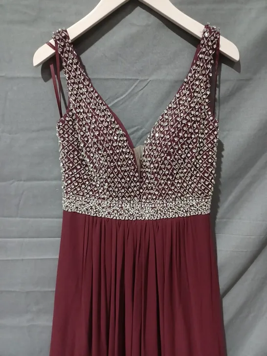 GINO CERRUTI OPEN BACK FAUX CRYSTAL DETAIL SHOULDER STRAP DRESS IN BURGUNDY- SIZE SMALL