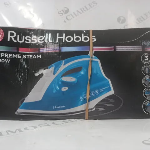 BOX OF APPROXIMATELY 10 ASSORTED HOUSEHOLD ITEMS TO INCLUDE RUSSELL HOBBS SUPREME STEAM 2400W IRON, ETC - COLLECTION ONLY