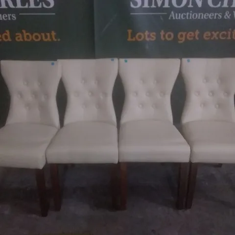 SET OF 4 BEWLEY IVORY LEATHER BUTTON BACK DINING CHAIRS (DARK OAK LEG)