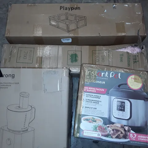 PALLET OF ASSORTED HOUSEHOLD ITEMS TO INCLUDE INSTANT POT DUO, MULTIFUNCTIONAL FOOD PROCESSOR AND PLAYPEN