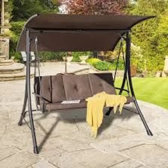 BOXED COSTWAY 3 SEAT OUTDOOR PATIO CANOPY SWING WITH CUSHIONED STEEL FRAME - BROWN (1 BOX)