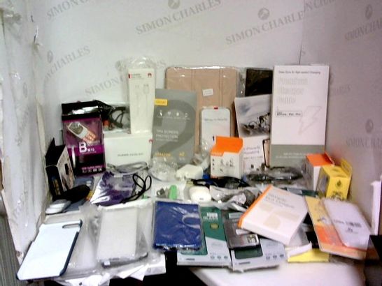 APPROXIMATELY 50 ASSORTED MOBILE ACCESSORIES TO INCLUDE PHONE CASES, CHARGERS, CABLES, HEADPHONES, SCREEN PROTECTORS, ETC