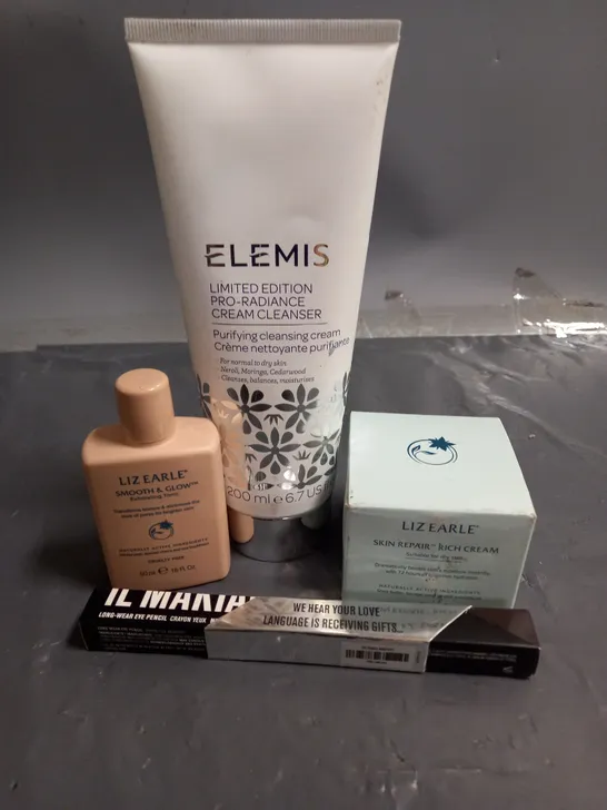 LOT OF 4 ASSORTED COSMETIC PRODUCTS TO INCLUDE - ELEMIS PRO-RADIANCE CREAM CLEANSER - IL MAKIAGE EYE PENCIL - LIZ EARLE SKIN REPAIR RICH CREAM