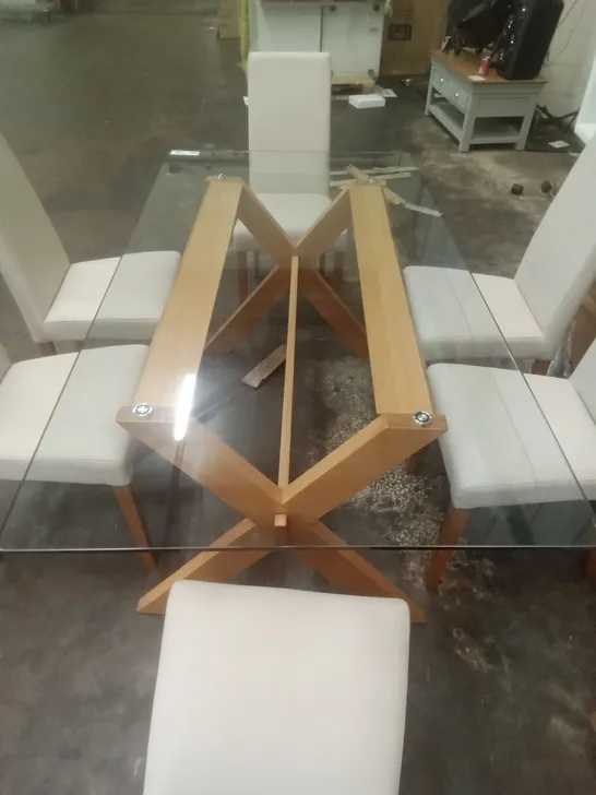 DINING SET INCLUDING GLASS TABLE & 6 WHITE CHAIRS 