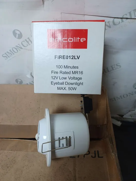 LOT CONTAINING APPROXIMATELY 200 EMCOLITE FIRE012LV 100 MINUTES FIRE RATED MR16 12V LOW VOLTAGE EYEBALL DOWNLIGHTS 