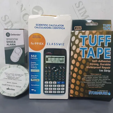 APPROXIMATELY 10 ASSORTED HOUSEHOLD ITEMS TO INCLUDE TUFF TAPE, CALCULATOR, WINDOW SHOCK ALARM, ETC