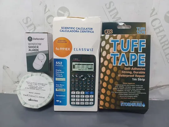 APPROXIMATELY 10 ASSORTED HOUSEHOLD ITEMS TO INCLUDE TUFF TAPE, CALCULATOR, WINDOW SHOCK ALARM, ETC