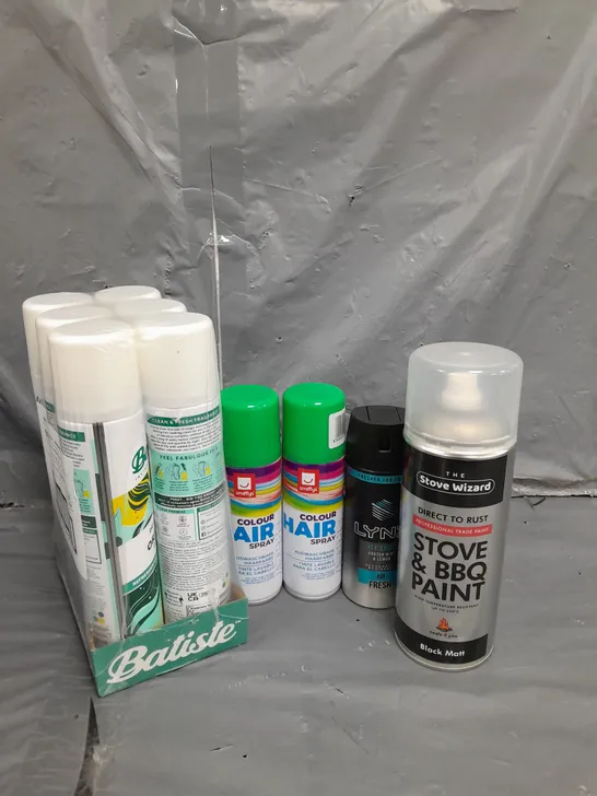 APPROXIMATELY 10 ASSORTED AEROSOLS TO INCLUDE DRY SHAMPOO , BBQ PAINT , LYNX BODY SPRAY , ETC 