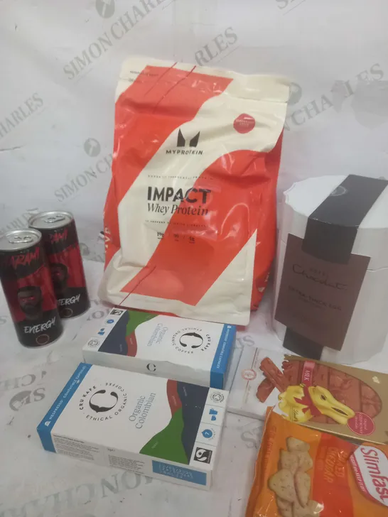 BOX OF APPROXIMATELY 10 ASSORTED ITEMS TO INCLUDE WHEY PROTEIN HARAMI ENERGY, HOTEL CHOCOLAT ETC